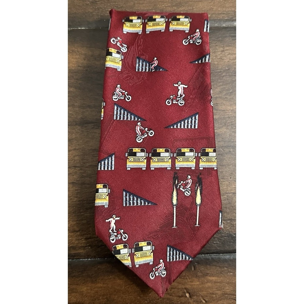After Dark Daredevil Stunt Novelty Tie‎ Motorcycle School Bus Flames Red Silk